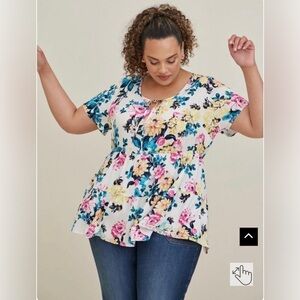 Torrid 1 Short sleeve Floral Color boho pop stretch tunic blouse‎ 1X